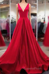 A Line Red Evening Prom Dress V Neck Satin Long Evening Dress