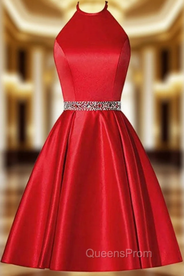 A-Line Red Satin Halter Beaidng Crystal Homecoming Dress With Pocket Main image