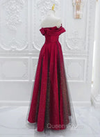 A-Line Red Satin Long Off Shoulder Evening Dress, Simple Floor Length Evening Prom Dress