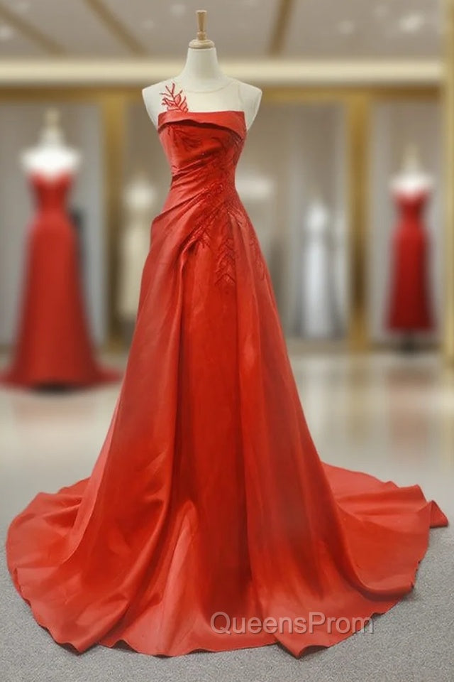 A-Line Red Satin Pleats Beading Backless Long Evening Prom Dress Main image