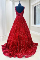 A-Line Red Sequin Quince Dress Square Neck Backless Long Evening Prom Dress