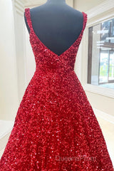A-Line Red Sequin Quince Dress Square Neck Backless Long Evening Prom Dress