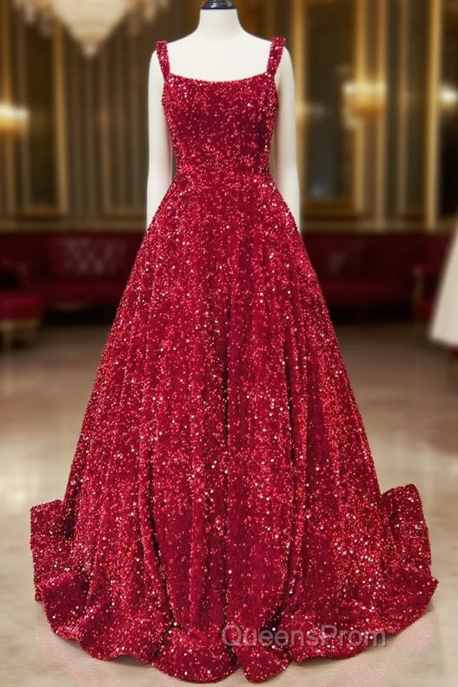A-Line Red Sequin Quince Dress Square Neck Backless Long Evening Prom Dress Main image