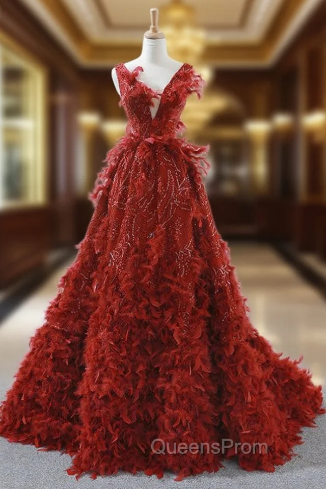 A-Line Red Sequins Feather V-neck Deep Backless Wedding Dress Main image