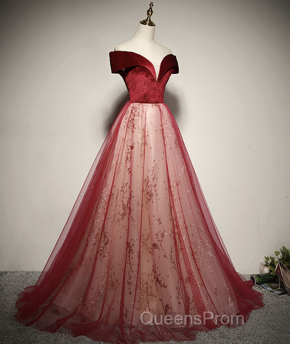 A-Line Red Tulle And Velvet Off Shoulder Long Evening Prom Dress, Red Evening Dress Secondary image