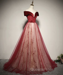 A-Line Red Tulle And Velvet Off Shoulder Long Evening Prom Dress, Red Evening Dress