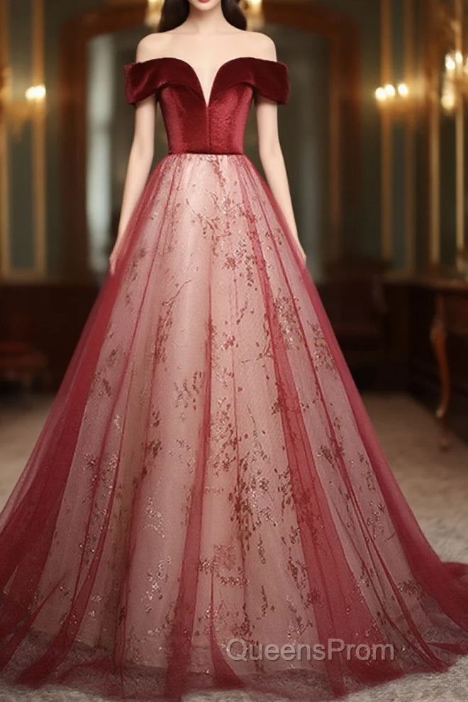 A-Line Red Tulle And Velvet Off Shoulder Long Evening Prom Dress, Red Evening Dress