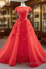 A-Line Red Tulle Appliques Cap Sleeve Evening Prom Dress With Removable Train