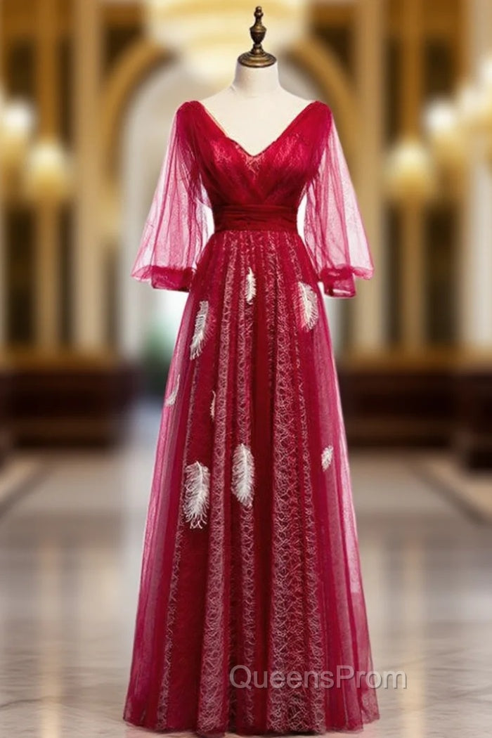 A-Line Red Tulle V-neck Long Sleeve Backless Evening Prom Dress Main image