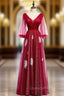 A-Line Red Tulle V-neck Long Sleeve Backless Evening Prom Dress