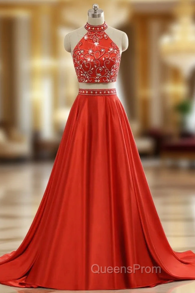 A-line Red Two Pieces Evening Dress Soft Satin Evening Prom Party Gown Main image