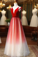A-Line Red Velvet Tulle Long Evening Prom Dress, Red Evening Dress