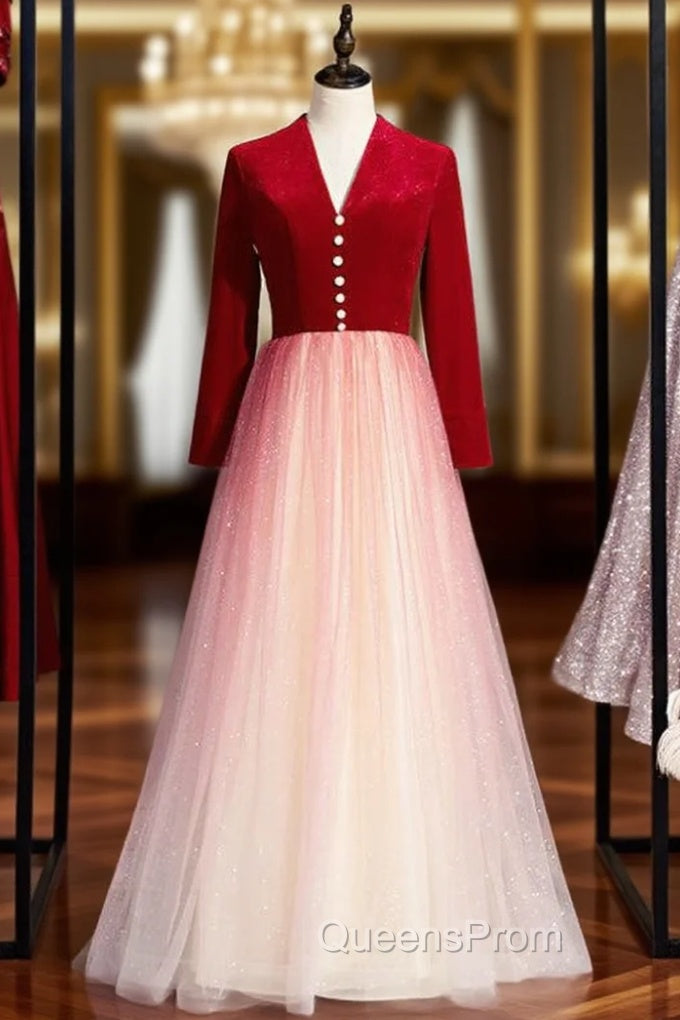 A-Line Red Velvet Tulle Long Sleeve Open Back Evening Prom Dress