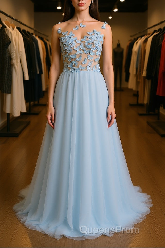 A Line Round Neck Baby Blue Lace Long Evening Prom Dress with Butterfly, Baby Blue Lace Formal Graduation Evening Dress Main image