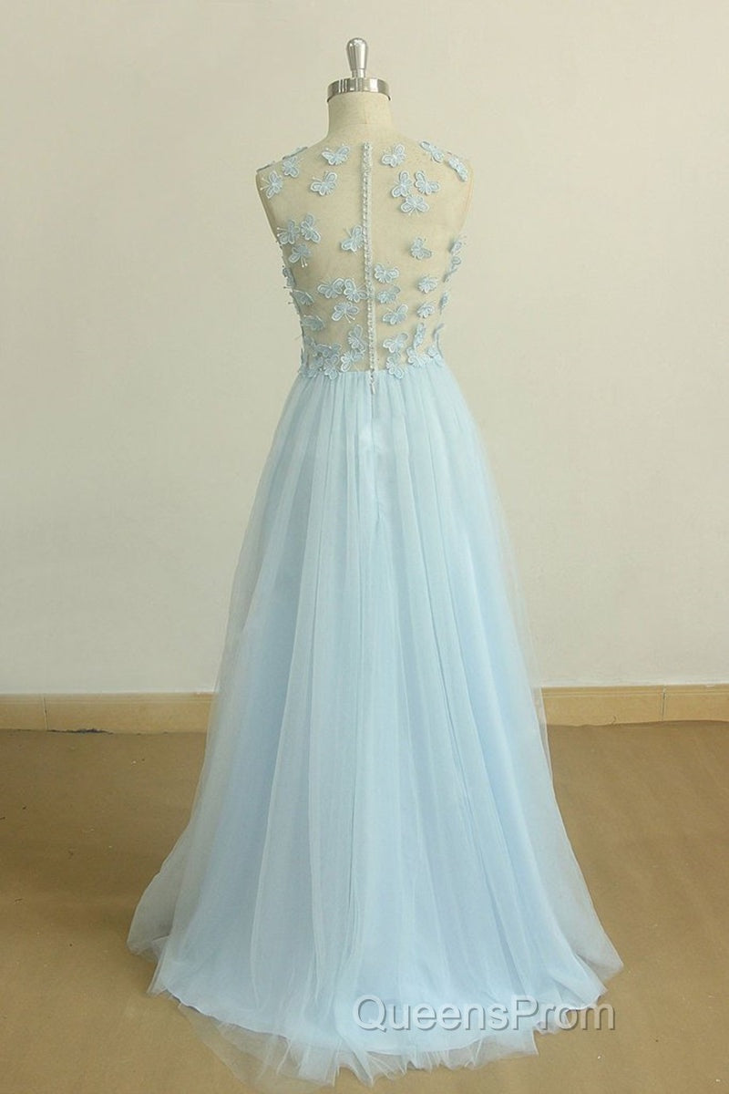 A Line Round Neck Baby Blue Lace Long Evening Prom Dress with Butterfly, Baby Blue Lace Formal Graduation Evening Dress Secondary image