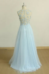 A Line Round Neck Baby Blue Lace Long Evening Prom Dress with Butterfly, Baby Blue Lace Formal Graduation Evening Dress
