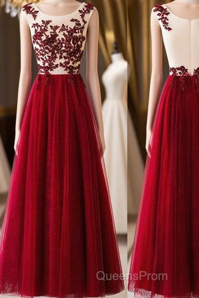 A Line Round Neck Burgundy Lace Tulle Long Evening Prom Dress, Burgundy Lace Evening Dress, Burgundy Lace Graduation Dress Main image