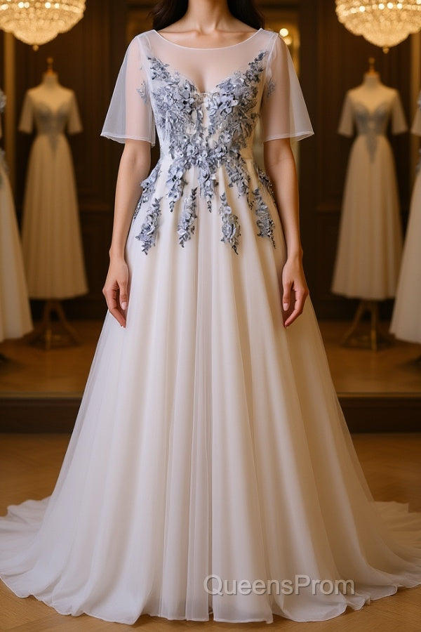 A Line Round Neck Half Sleeves Gray Lace Evening Prom Dress, Gray Floral Long Formal Evening Dress Main image