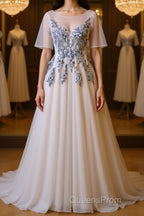 A Line Round Neck Half Sleeves Gray Lace Evening Prom Dress, Gray Floral Long Formal Evening Dress