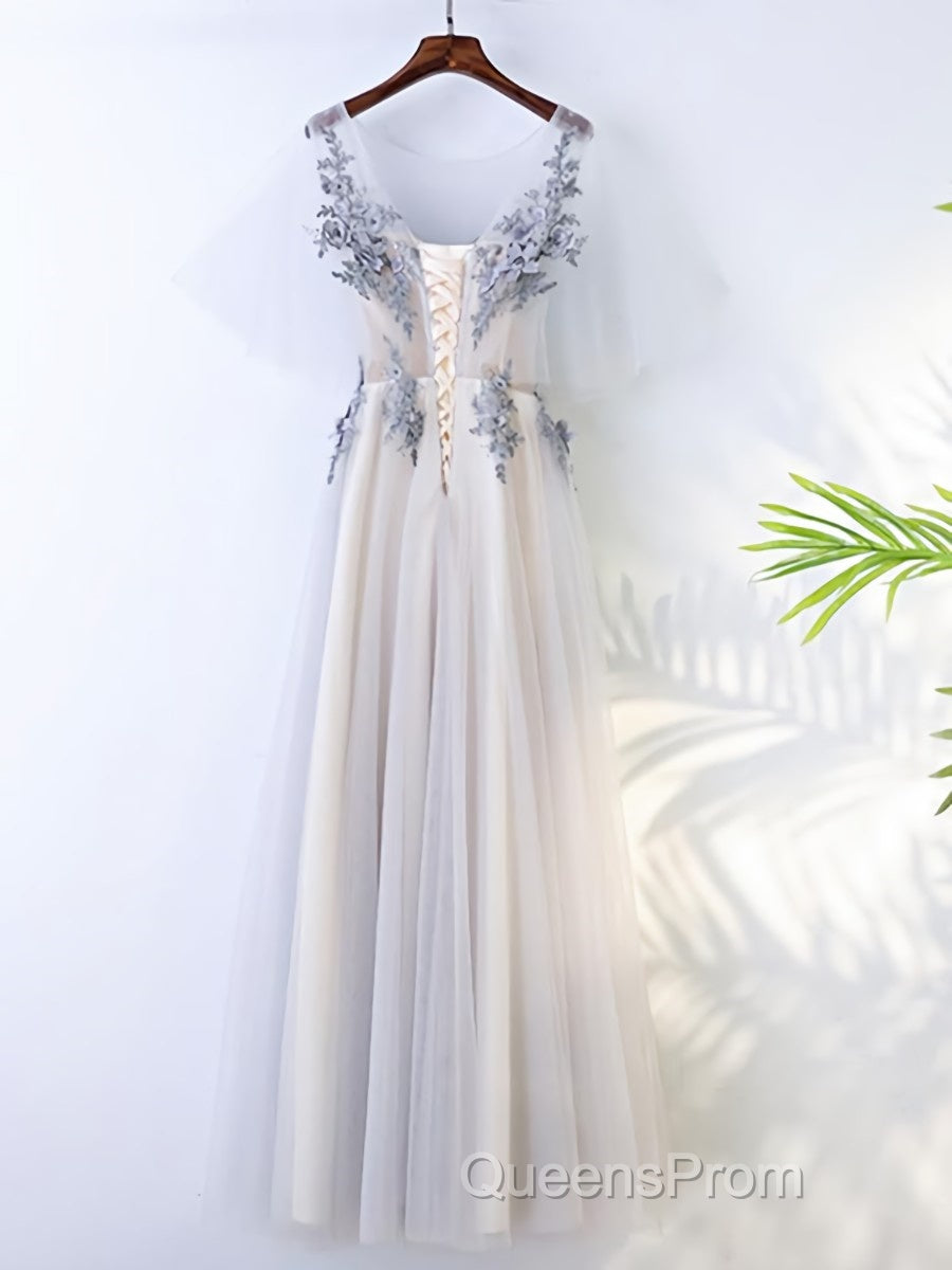A Line Round Neck Half Sleeves Gray Lace Evening Prom Dress, Gray Floral Long Formal Evening Dress Secondary image