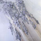 A Line Round Neck Half Sleeves Gray Lace Evening Prom Dress, Gray Floral Long Formal Evening Dress