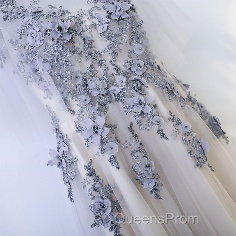 A Line Round Neck Half Sleeves Gray Lace Evening Prom Dress, Gray Floral Long Formal Evening Dress