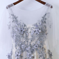 A Line Round Neck Half Sleeves Gray Lace Evening Prom Dress, Gray Floral Long Formal Evening Dress