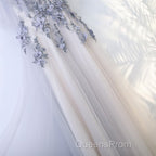 A Line Round Neck Half Sleeves Gray Lace Evening Prom Dress, Gray Floral Long Formal Evening Dress
