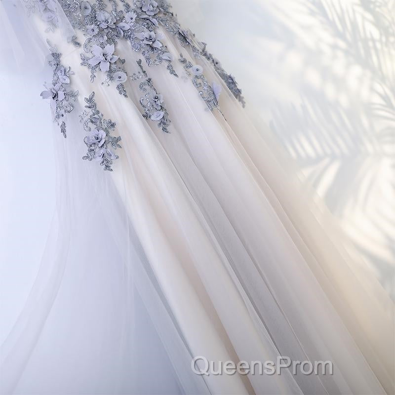 A Line Round Neck Half Sleeves Gray Lace Evening Prom Dress, Gray Floral Long Formal Evening Dress