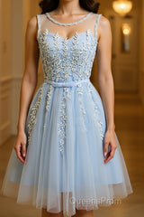 A Line Round Neck Lace Blue Short Evening Prom Dress, Short Blue Lace Formal Graduation Homecoming Dress