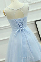 A Line Round Neck Lace Blue Short Evening Prom Dress, Short Blue Lace Formal Graduation Homecoming Dress