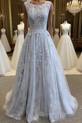 A Line Round Neck Lace Grey Evening Prom Dress, Lace Grey Formal Dress
