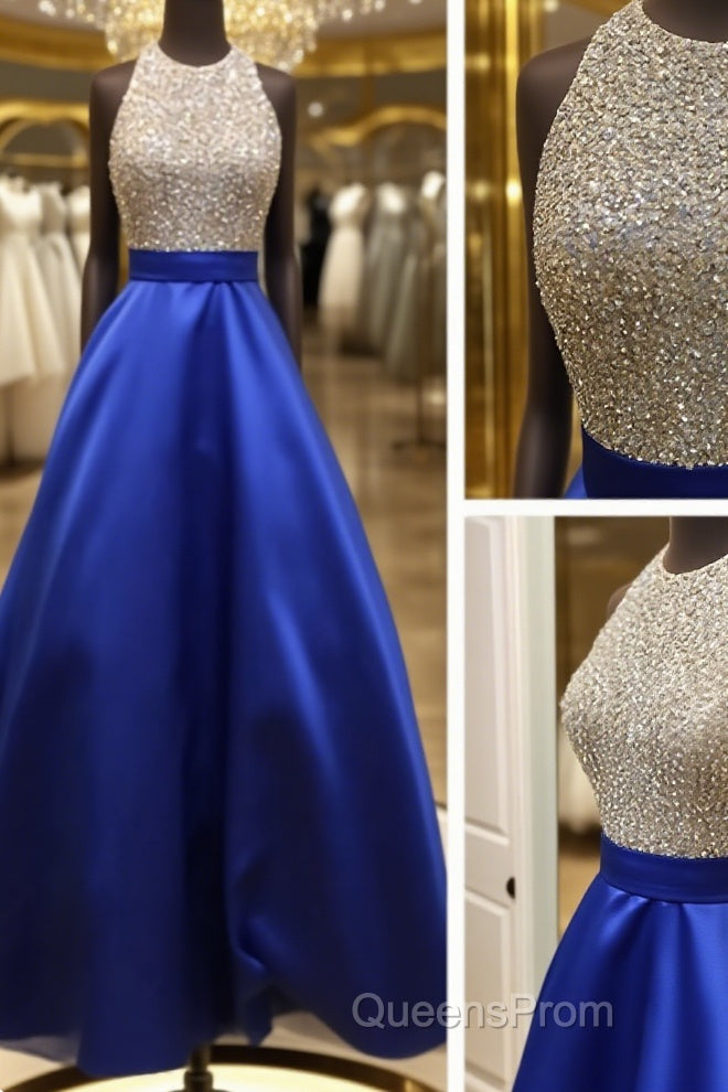 A Line Round Neck Sequins Backless Royal Blue Evening Prom Dress, Royal Blue Formal Dress, Backless Royal Blue Evening Dress Main image