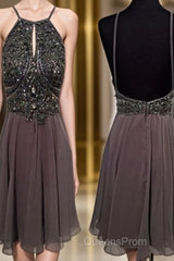 A Line Round Neck Short Grey Backless Evening Prom Dress, Short Grey Backless Formal Dress, Homecoming Dress, Graduation Dress