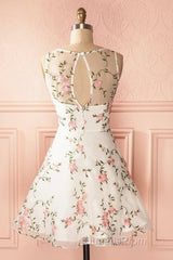 A Line Round Neck Short Lace Floral Evening Prom Dress, Short Lace Floral Formal Homecoming Dress