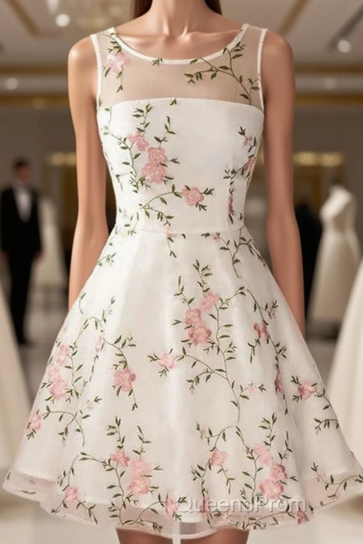 A Line Round Neck Short Lace Floral Evening Prom Dress, Short Lace Floral Formal Homecoming Dress Main image