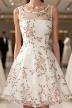 A Line Round Neck Short Lace Floral Evening Prom Dress, Short Lace Floral Formal Homecoming Dress