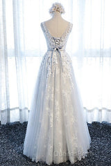 A Line Round Neck Sleeveless Lace Grey/Pink/Champagne Evening Prom Dress, Lace Formal Dress, Evening Dress