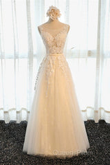 A Line Round Neck Sleeveless Lace Grey/Pink/Champagne Evening Prom Dress, Lace Formal Dress, Evening Dress