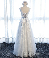 A Line Round Neck Sleeveless Lace Evening Prom Dress, Lace Formal Dress