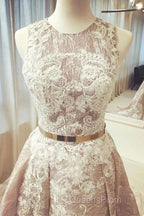A Line Round Neck Sleeveless Ruched Lace Long Evening Prom Wedding Dress With Belt