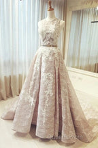 A Line Round Neck Sleeveless Ruched Lace Long Evening Prom Wedding Dress With Belt