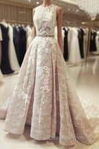 A Line Round Neck Sleeveless Ruched Lace Long Evening Prom Wedding Dress With Belt