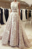 A Line Round Neck Sleeveless Ruched Lace Long Evening Prom Wedding Dress With Belt