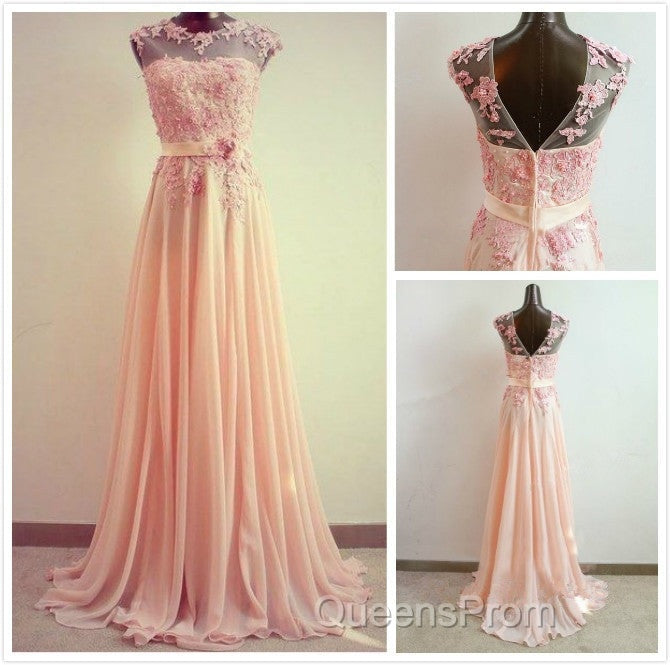 A-Line Round Neck Sweep Train Lace Coral Evening Prom Dress, Evening Dress, Lace Bridesmaid Dress