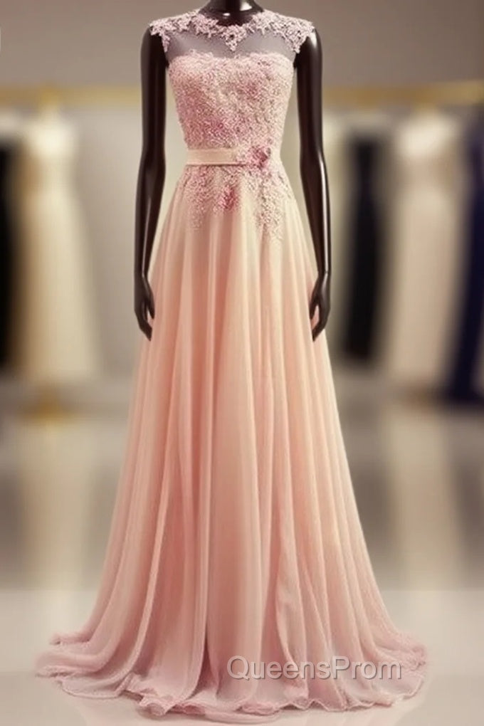 A-Line Round Neck Sweep Train Lace Coral Evening Prom Dress, Evening Dress, Lace Bridesmaid Dress Main image