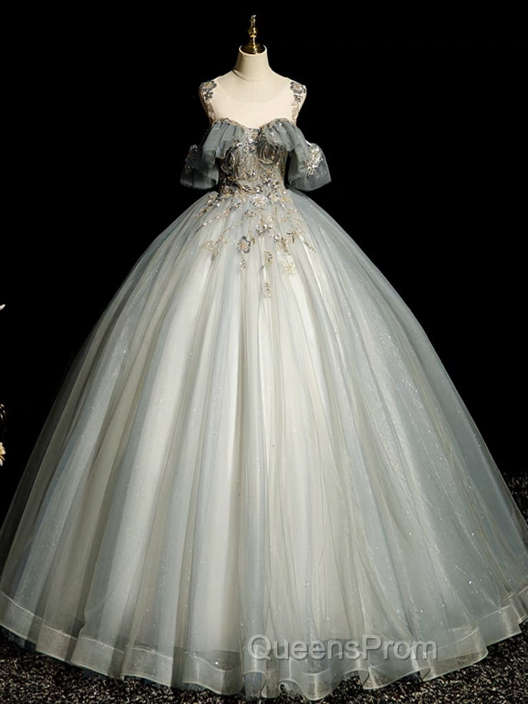 A-Line Round Neck Tulle Gray Blue Long Evening Prom Dress, Tulle Sequin Lace Long Evening Dress Secondary image