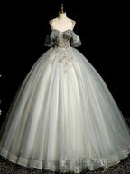 A-Line Round Neck Tulle Gray Blue Long Evening Prom Dress, Tulle Sequin Lace Long Evening Dress