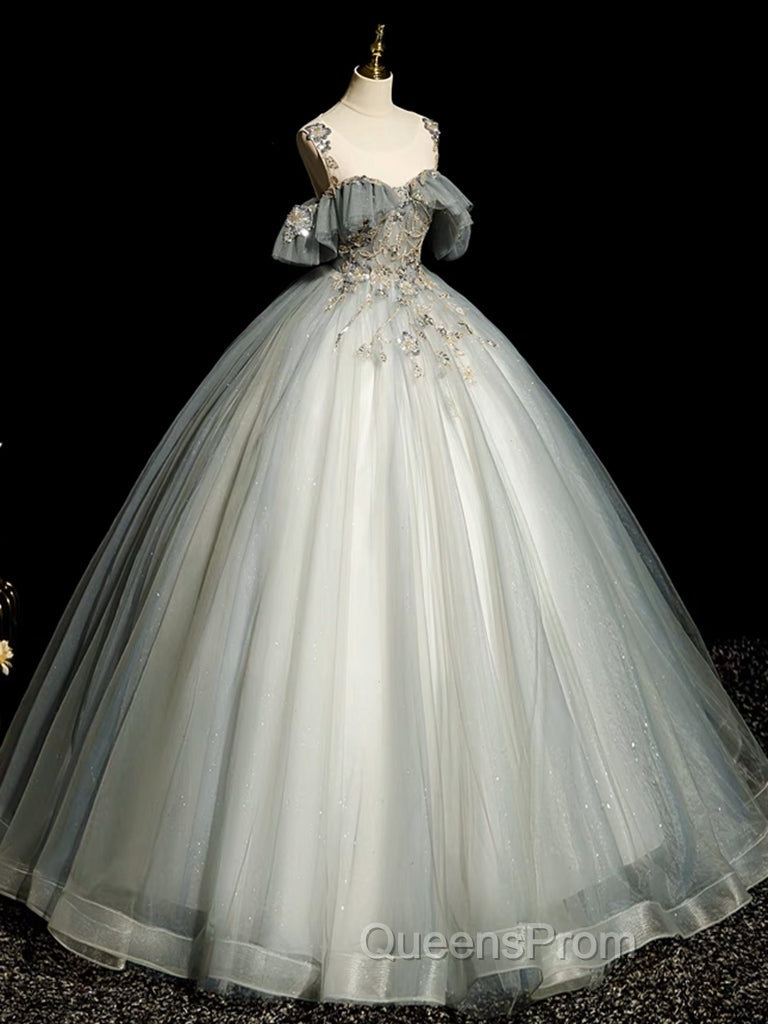 A-Line Round Neck Tulle Gray Blue Long Evening Prom Dress, Tulle Sequin Lace Long Evening Dress