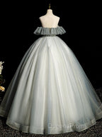 A-Line Round Neck Tulle Gray Blue Long Evening Prom Dress, Tulle Sequin Lace Long Evening Dress